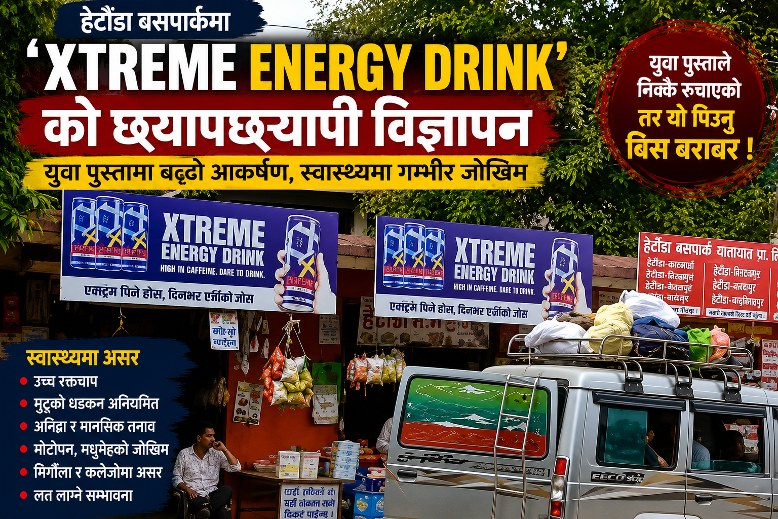 हेटौंडा बसपार्कमा ‘Xtreme’ को छ्यापछ्याप्ती बिज्ञापन, बढ्दै स्वास्थ्य चिन्ता